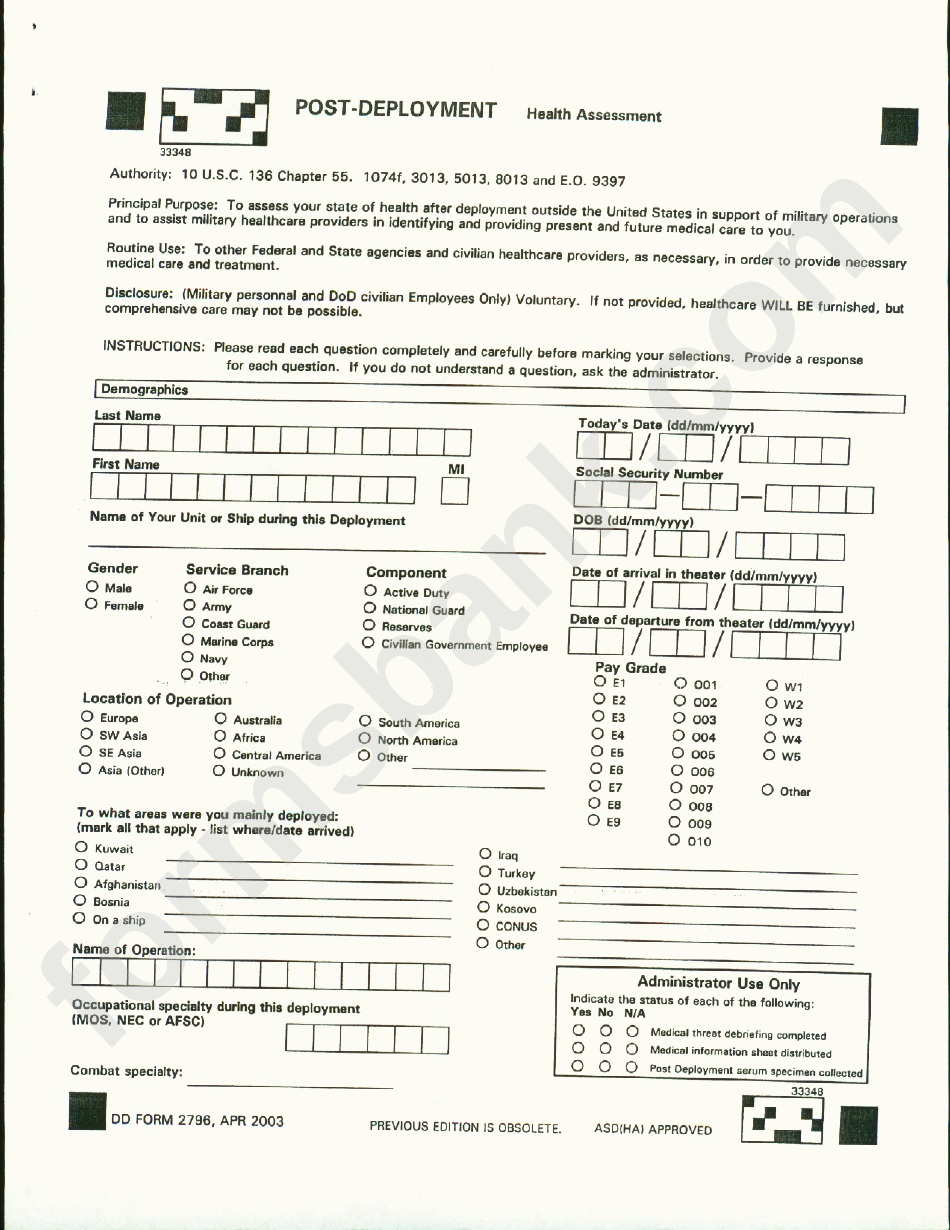 Dd Form 2796 - Post-Deployment Health Assessment