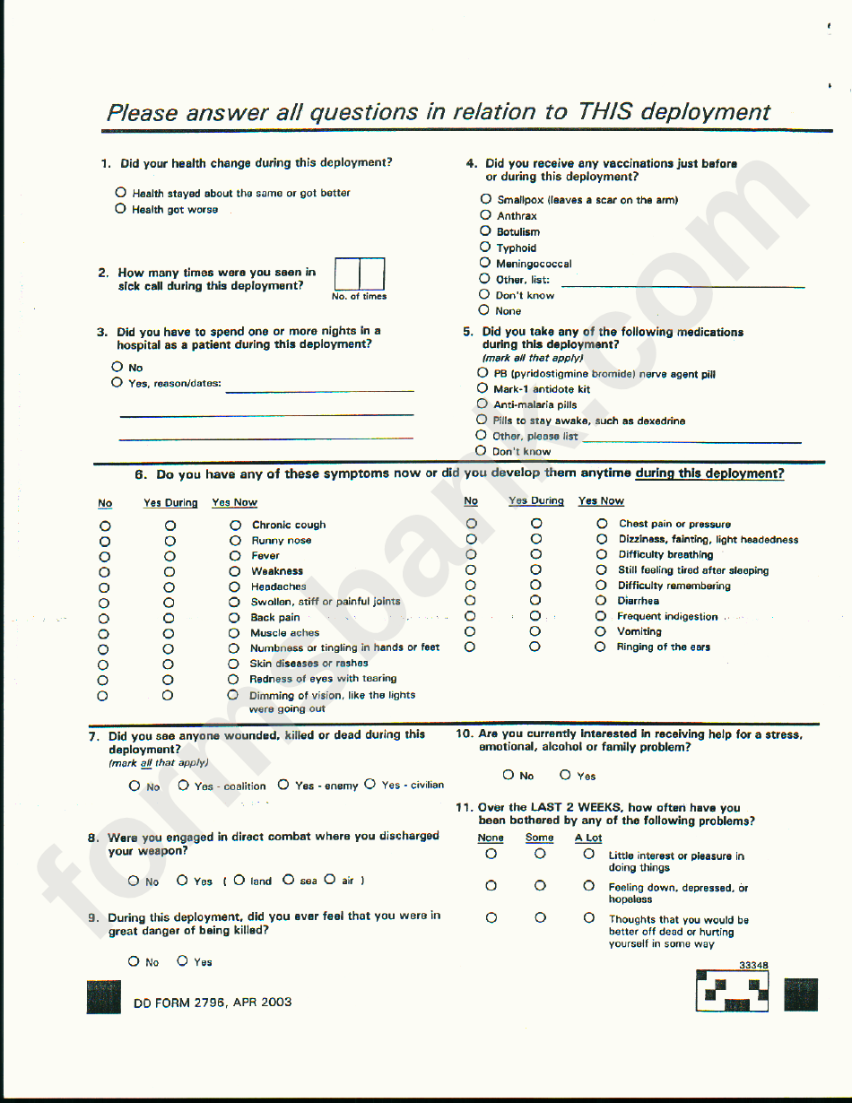 Dd Form 2796 - Post-Deployment Health Assessment