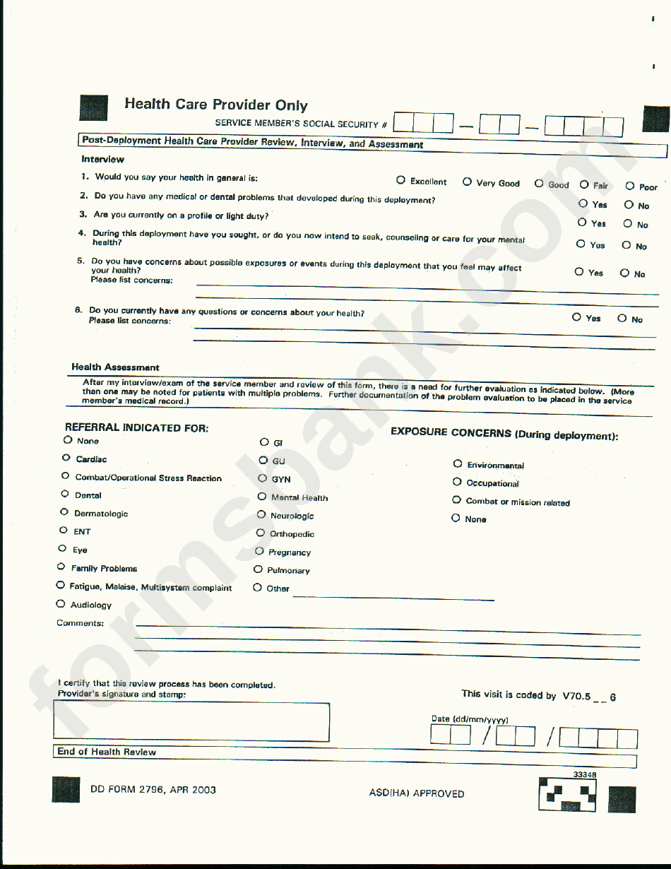 Dd Form 2796 - Post-Deployment Health Assessment