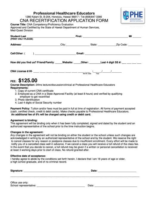 Cna Recertification Application Form Printable pdf