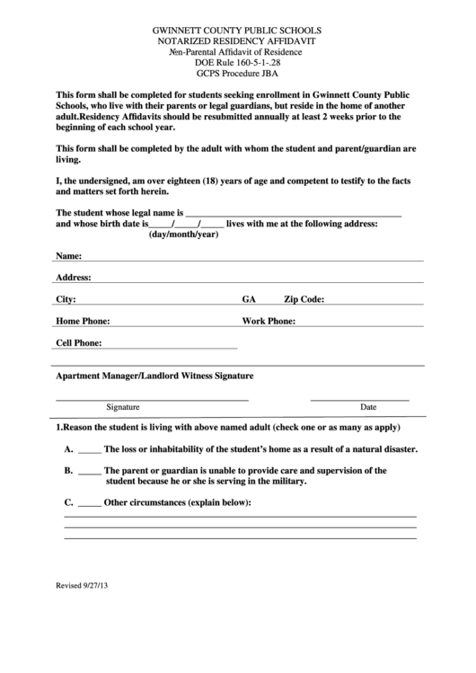 Notarized Residency Affidavit Form - Gwinnett County Public Schools Printable pdf