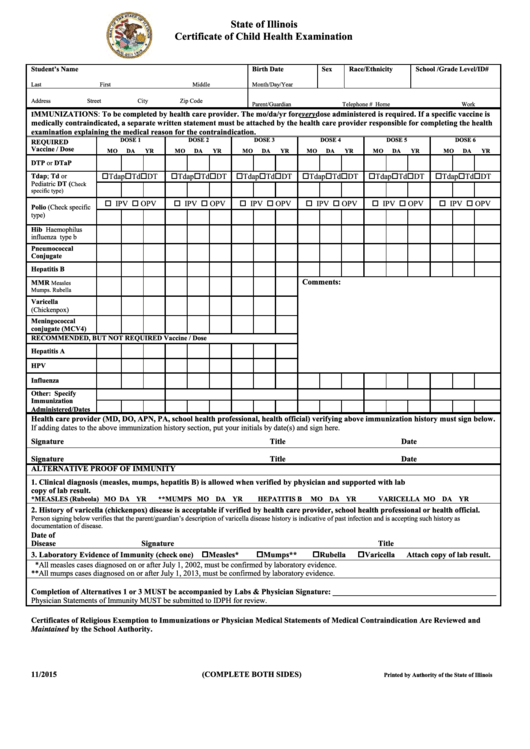 Certificate Of Child Health Examination Form