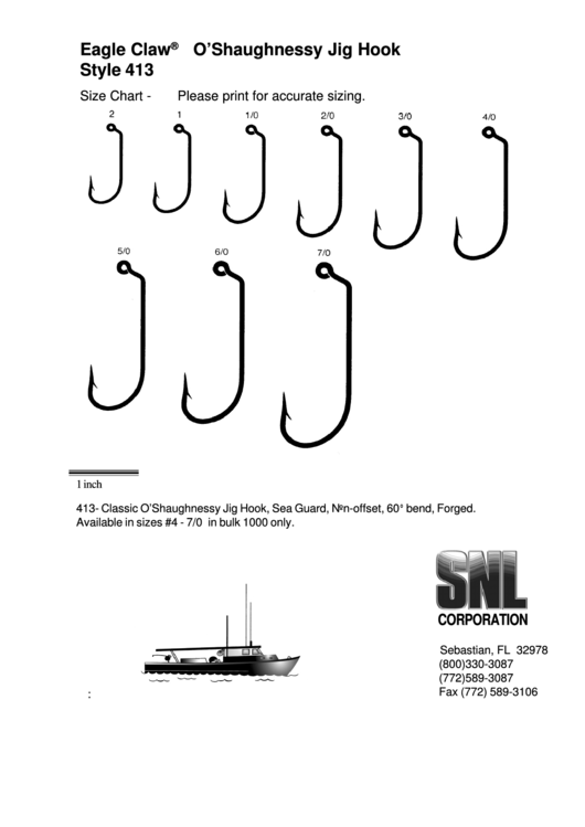 Eagle Claw O'Shaughnessy Jig Hook Size Chart printable pdf download