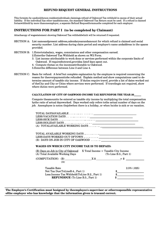 Calculation Of City Of Oakwood Income Tax Refund & Refund Request Instructions Printable pdf