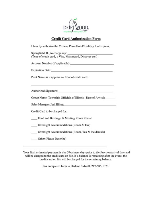 Credit Card Authorization Form - Crowne Plaza Hotel/holiday Inn Express Printable pdf