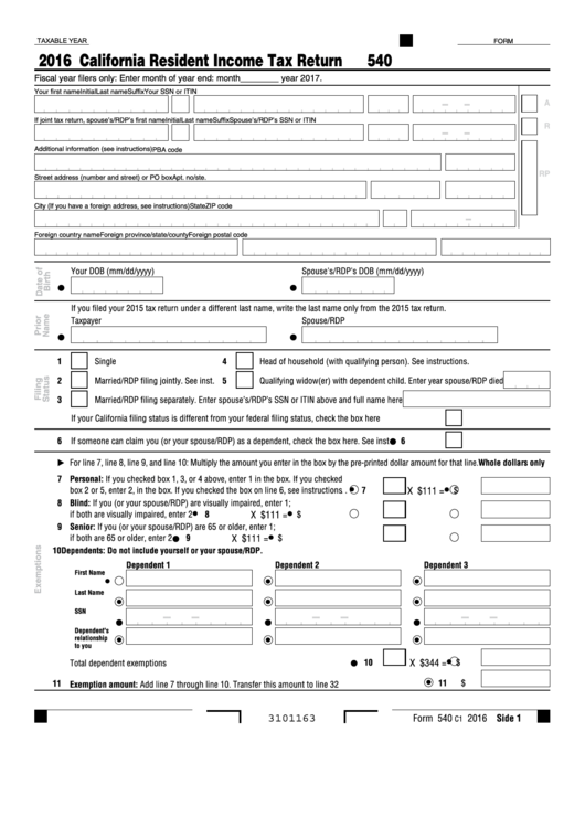 Form 540 - California Resident Income Tax Return - 2016