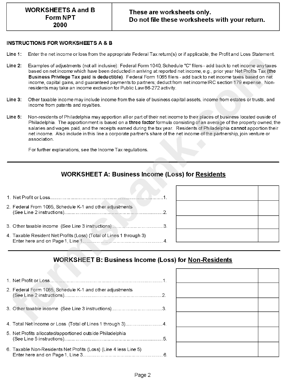 Net Profits Tax Return Worksheets (Form Npt) - City Of Philadelphia Department Of Revenue - 2000