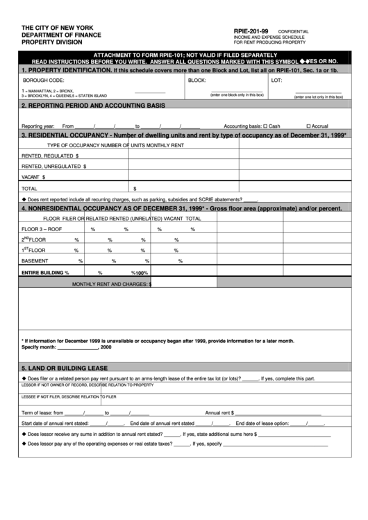 Form Rpie-201-99 - Income And Expense Schedule For Rent Producing Property Printable pdf