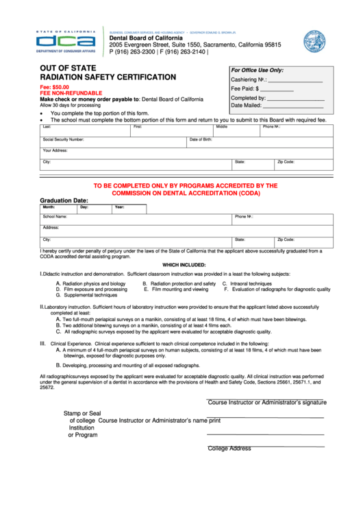 Fillable Out Of State Radiation Safety Certification - Dental Board Of California Printable pdf
