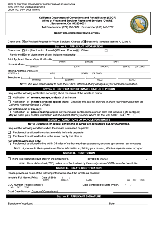 Fillable Form Cdcr 1707 - Request For Victim Services Form Printable pdf