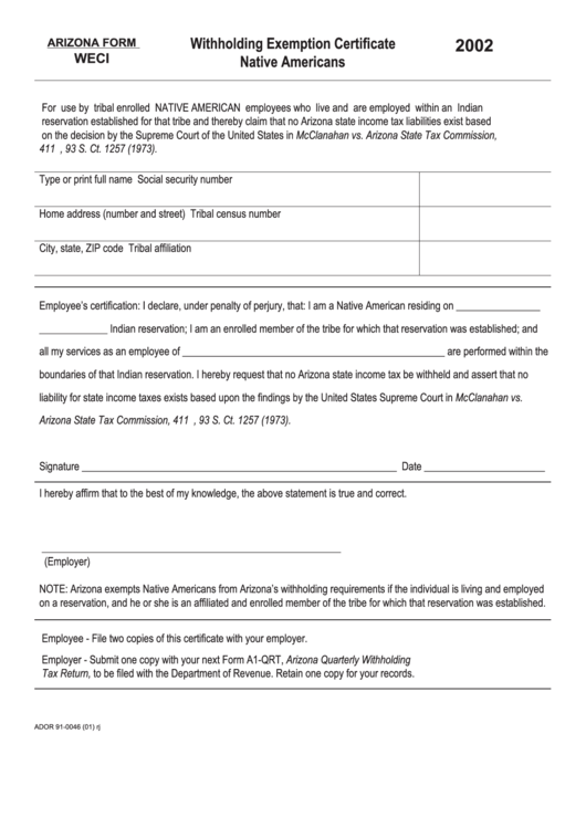 Form Weci - Withholding Exemption Certicate - 2002 Printable pdf