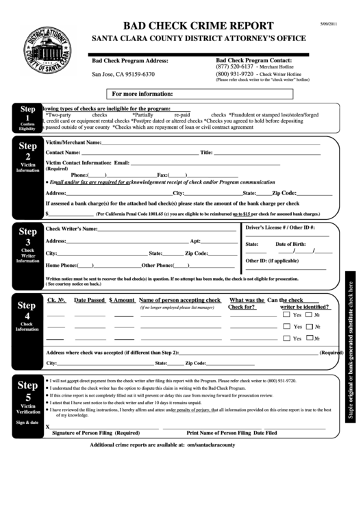 Bad Check Crime Report Form - Santa Clara County District Attorney