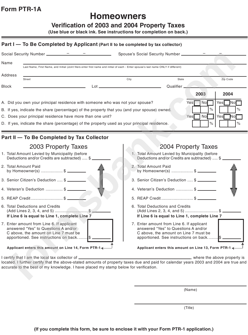 Form Ptr-1a - Verification Of 2003 And 2004 Property Taxes