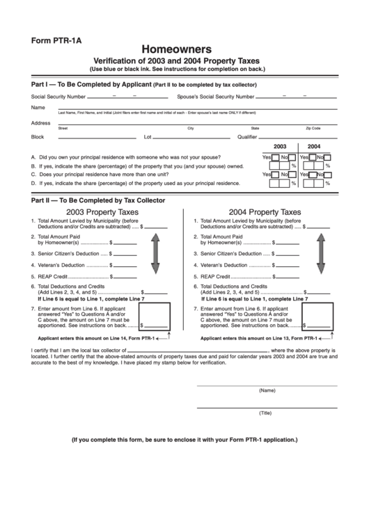 Form Ptr-1a - Verification Of 2003 And 2004 Property Taxes Printable pdf