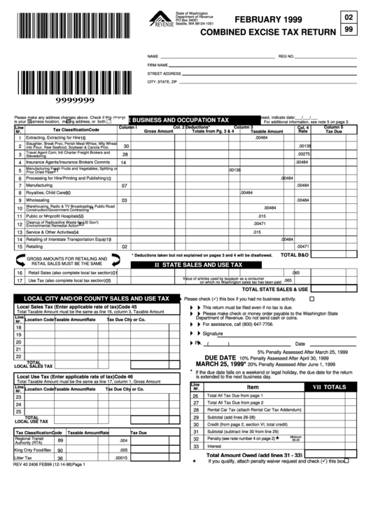 Fillable February 1999 Combined Excise Tax Return - Washington Department Of Revenue Printable pdf