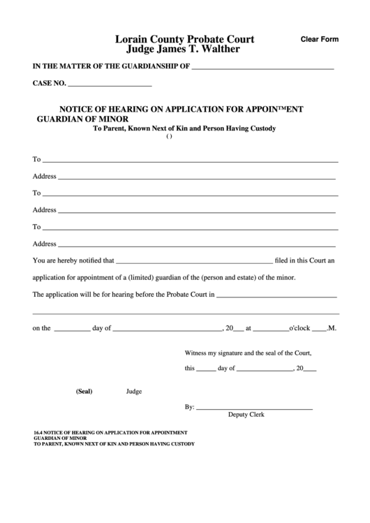 Fillable Form 16.4 - Notice Of Hearing On Application For Appointment Guardian Of Minor Printable pdf