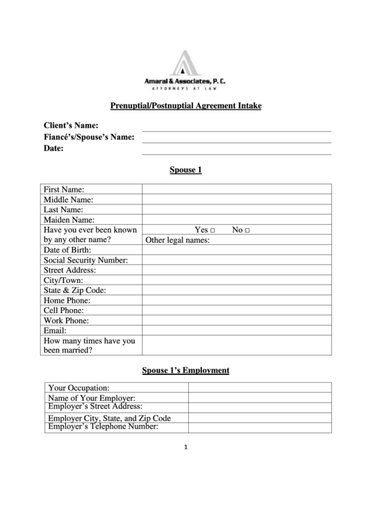 Prenuptial/postnuptial Agreement Intake Form Printable pdf