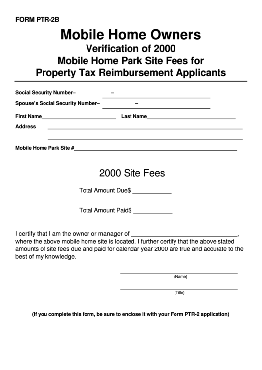 Fillable Form Ptr-2b - Verification Of 2000 Mobile Home Park Site Fees For Property Tax Reimbursement Applicants Printable pdf