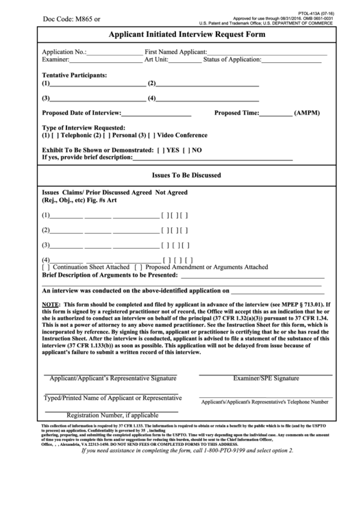 Form Ptol-413a - Applicant Initiated Interview Request Form Printable pdf