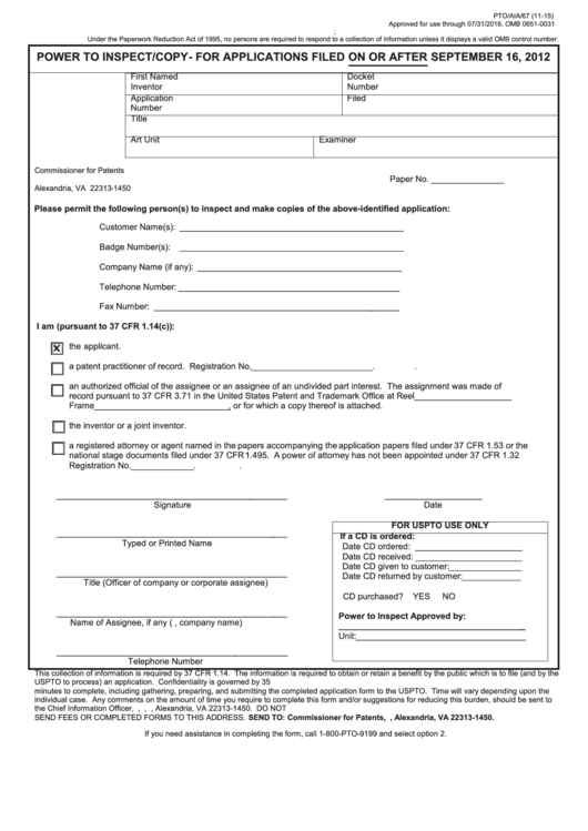 Fillable Form Pto/aia/67 - Power To Inspect/copy- For Applications Filed On Or After September 16, 2012 Printable pdf