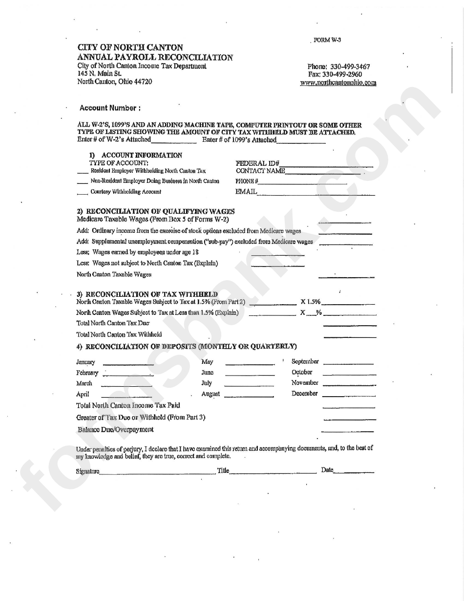 Form W-3 - Annual Payroll Reconciliation - City Of North Canton