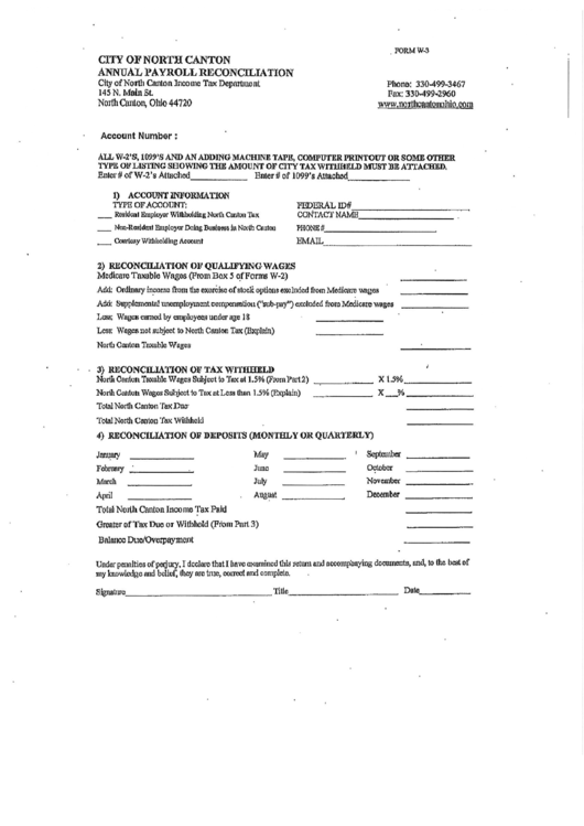 Form W-3 - Annual Payroll Reconciliation - City Of North Canton Printable pdf