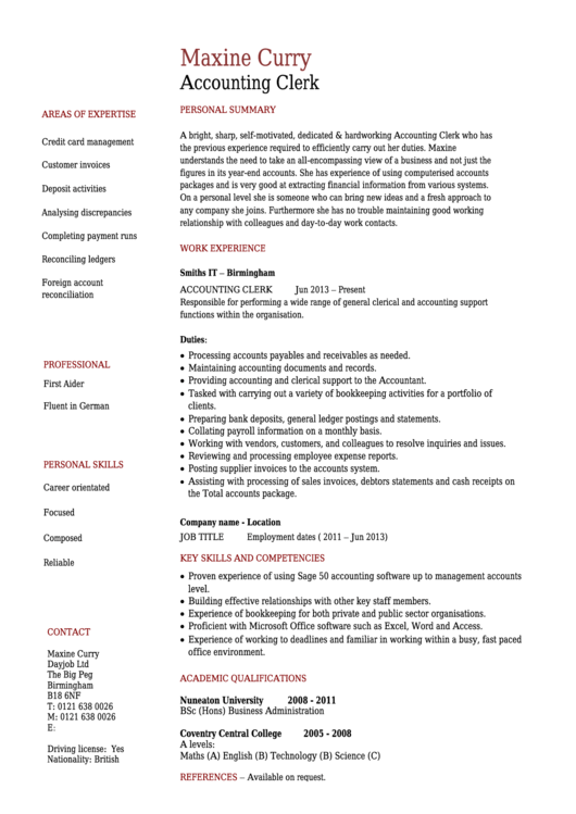 Accounting Clerk Resume Template Printable pdf