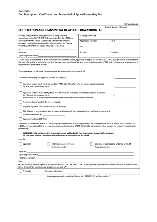 Fillable Form Pto/aia/34 - Certification And Transmittal Of Appeal Forwarding Fee Printable pdf