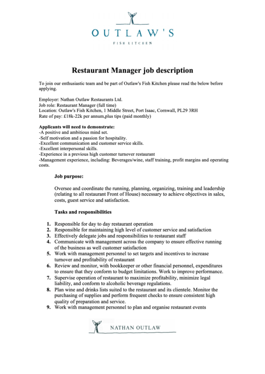 Sample Restaurant Manager Job Description Template Printable pdf