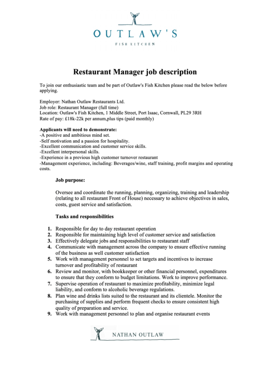 Sample Restaurant Manager Job Description Template Printable Pdf Download