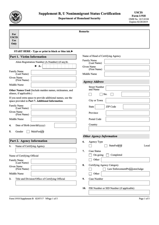 Fillable Form I-918 - Supplement B, U Nonimmigrant Status Certification Printable pdf
