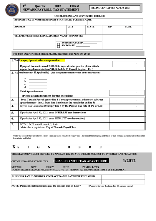 Quarterly Payroll Tax Statement Form - City Of Newark - 2012 Printable pdf