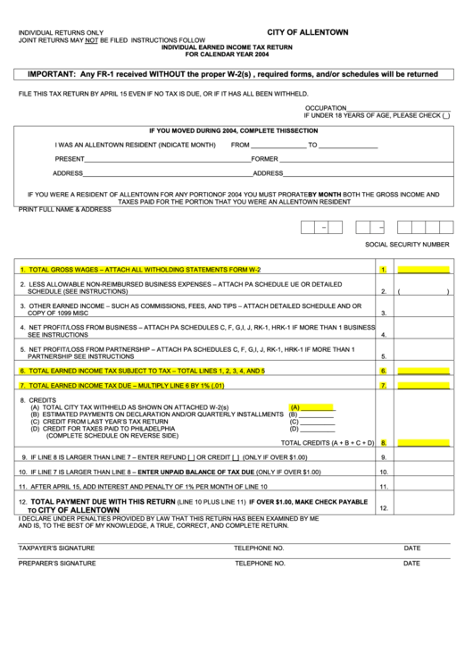 Form Fr-1 - Individual Earned Income Tax Return - 2004 Printable pdf
