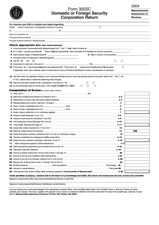 Form 355sc - Domestic Or Foreign Security Corporation Return - 2004 Printable pdf
