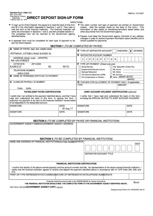 Fillable Standard Form 1199a (Eg) - Direct Deposit Sign-Up Form - Internal Revenue Service Printable pdf