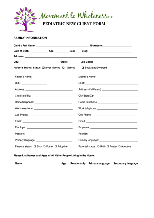 Fillable Pediatric New Client Form Printable pdf