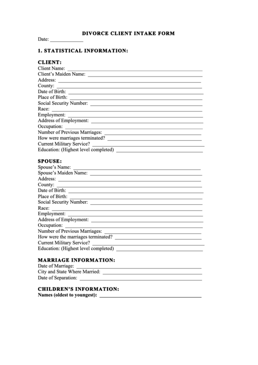 Divorce Client Intake Form Printable pdf