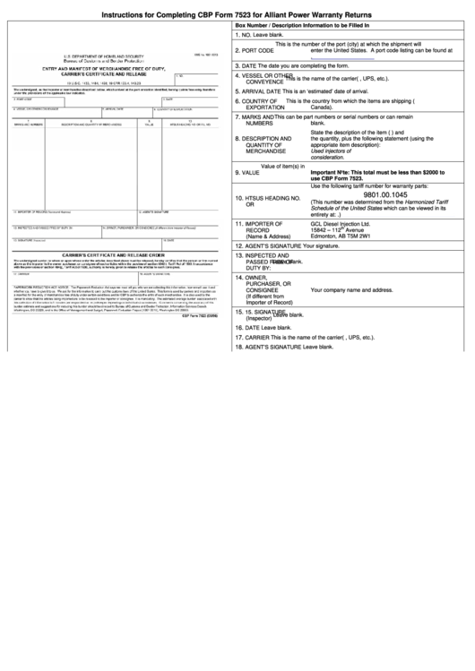 Instructions For Completing Cbp Form 7523 For Alliant Power Warranty Returns Printable pdf