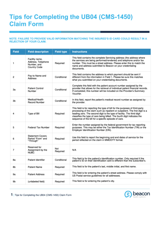 Tips For Completing The Ub04 Cms 1450 Claim Form Printable Pdf Download