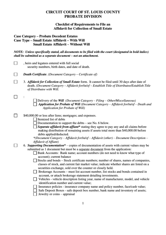 Checklist Of Requirements To File An Affidavit For Collection Of Small Estate - Circuit Court Of St. Louis County Printable pdf