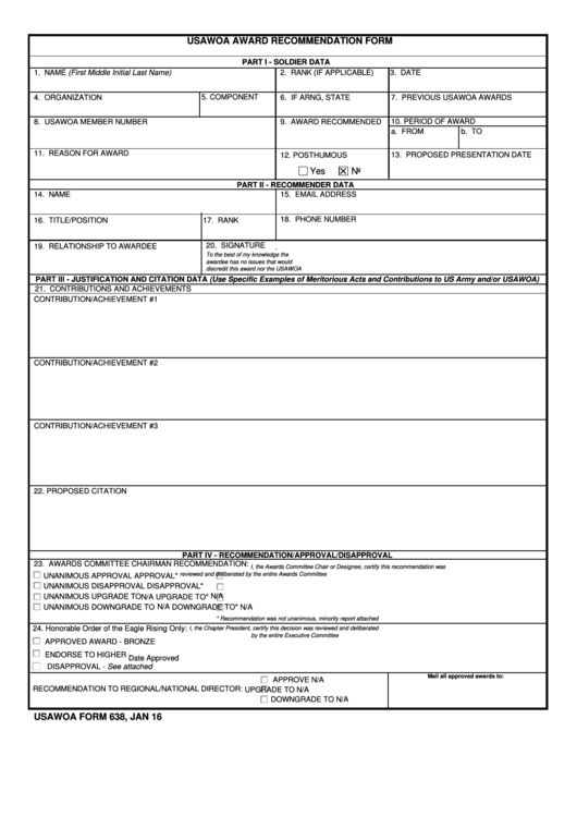 Fillable Usawoa Form 638 - Award Recommendation Form Printable pdf