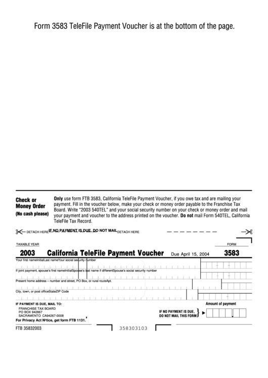 Form 3583 - California Telefile Payment Voucher - 2003 Printable pdf