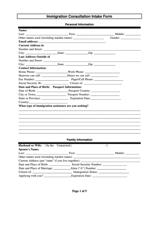 Immigration Consultation Intake Form Printable pdf