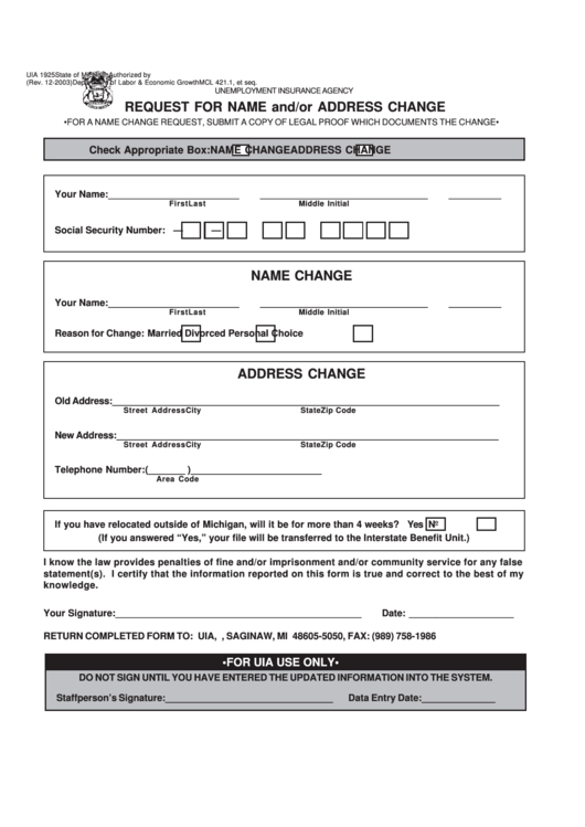 Form Uia 1925 - Request For Name And/or Address Change Printable pdf
