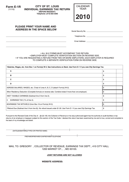Fillable Form E-1r - Individual Earnings Tax Return - City Of St. Louis - 2010 Printable pdf