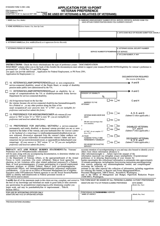 Standard Form 15 - Application For 10-Point Veteran Preference Printable pdf