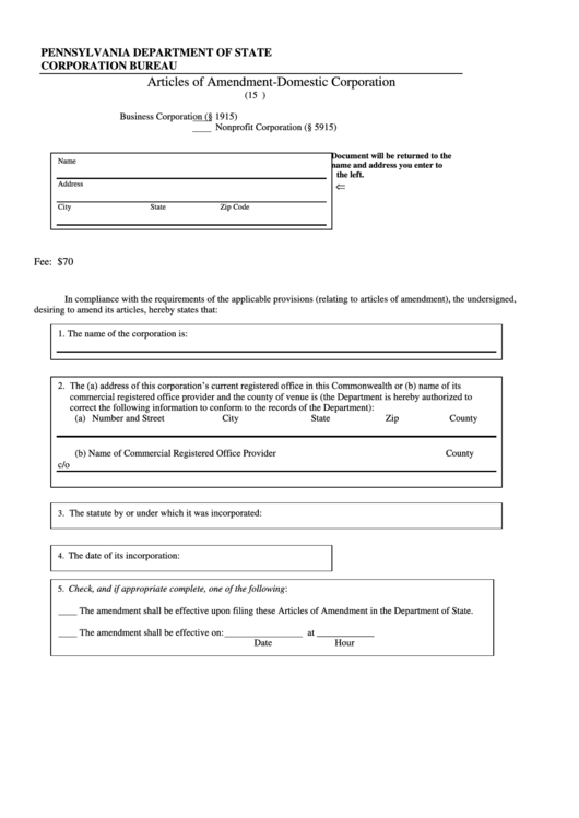 Articles Of Amendment-Domestic Corporation - Pennsylvania Department Of State Printable pdf