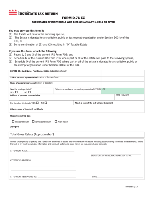 Form D-76 Ez - Dc Estate Tax Return Printable pdf