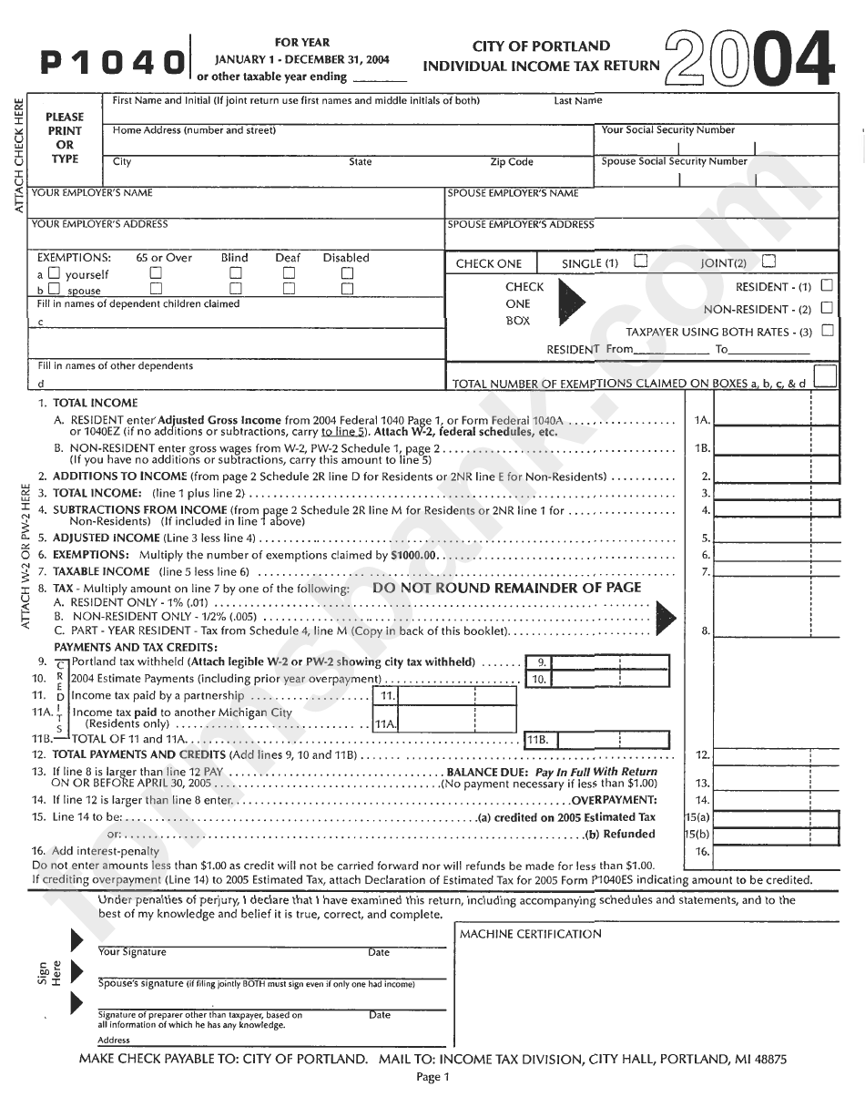 Form P 1040 - Individual Income Tax Return - City Of Portland - 2004