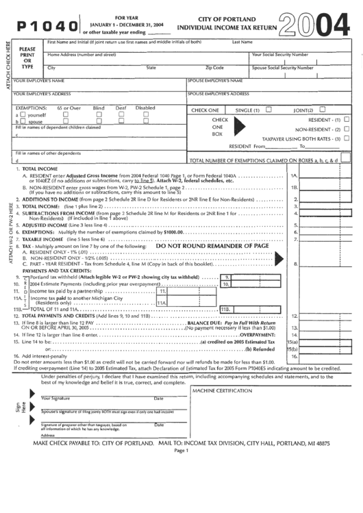 Form P 1040 - Individual Income Tax Return - City Of Portland - 2004 Printable pdf
